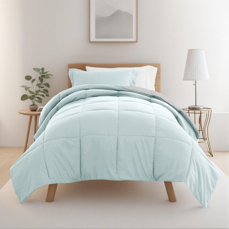 Bedding | 8 Piece Solid Comforter Dorm Set Bundle Bedding Aqua/Light Gray