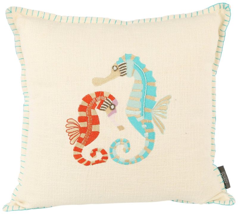 Home Décor | 18X18 Embroidered Seahorses Decorative Pillow Bedding Bedding