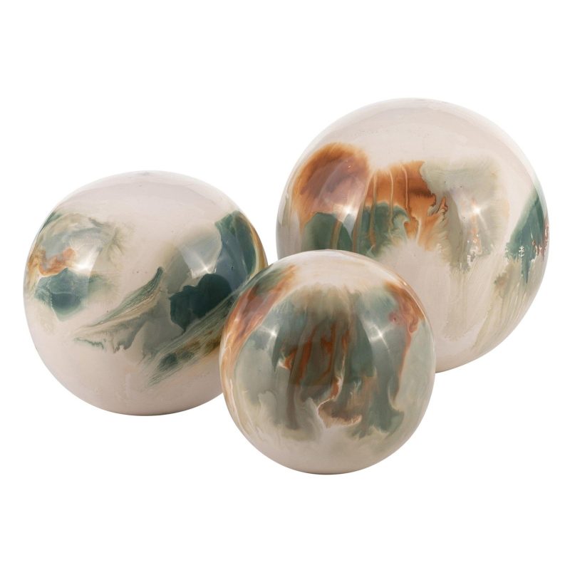 Home Décor | 3 Pc Abstract Painted Orb Decor BEIGE/GREEN