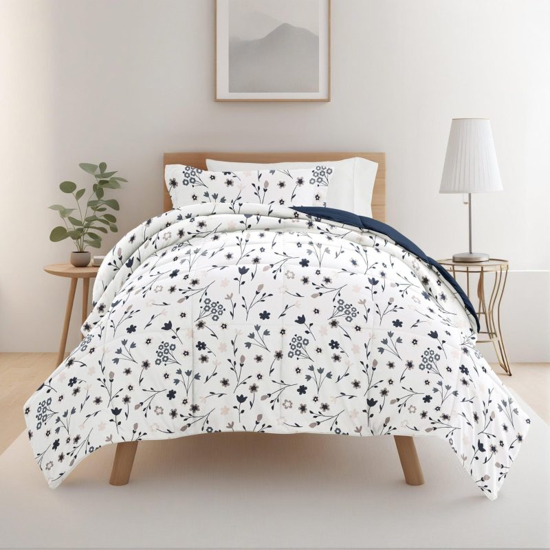 Bedding | 8 Piece Navy Patterned Comforter Dorm Set Bundle Bedding Bedding