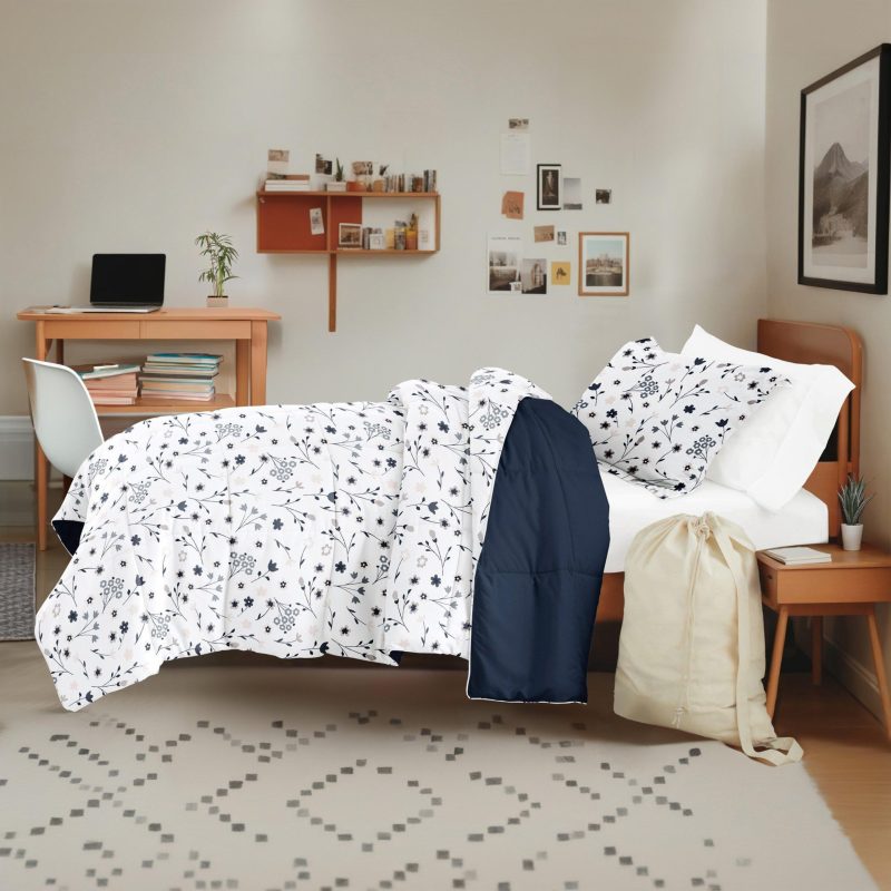 Bedding | 8 Piece Navy Patterned Comforter Dorm Set Bundle Bedding Bedding